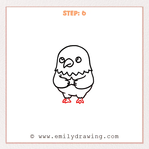 how to draw a bald eagle - Step 6: Bald eagle gains small feet with curved talons beneath the body.